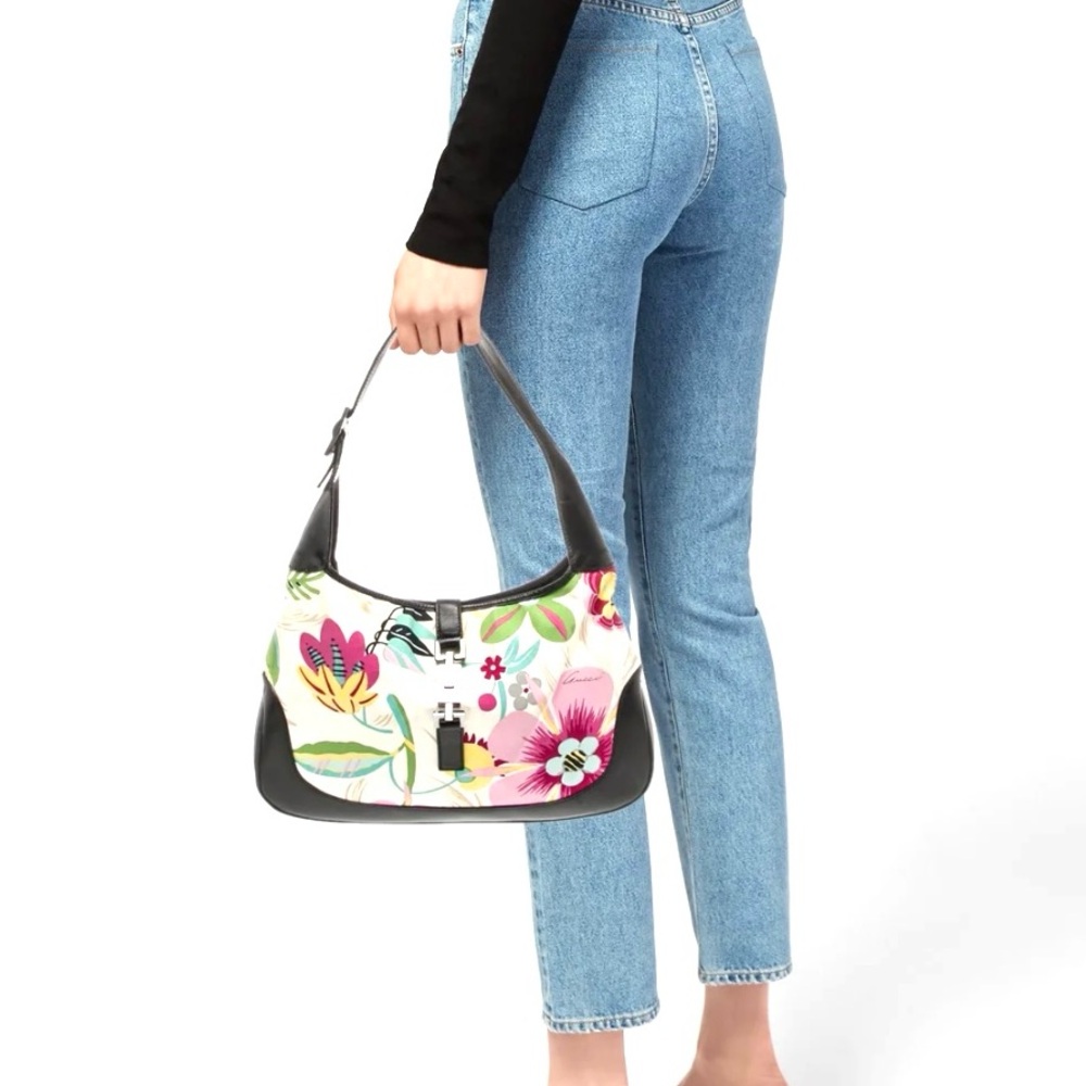 Authentic Gucci small Jackie bag black leather Flora canvas